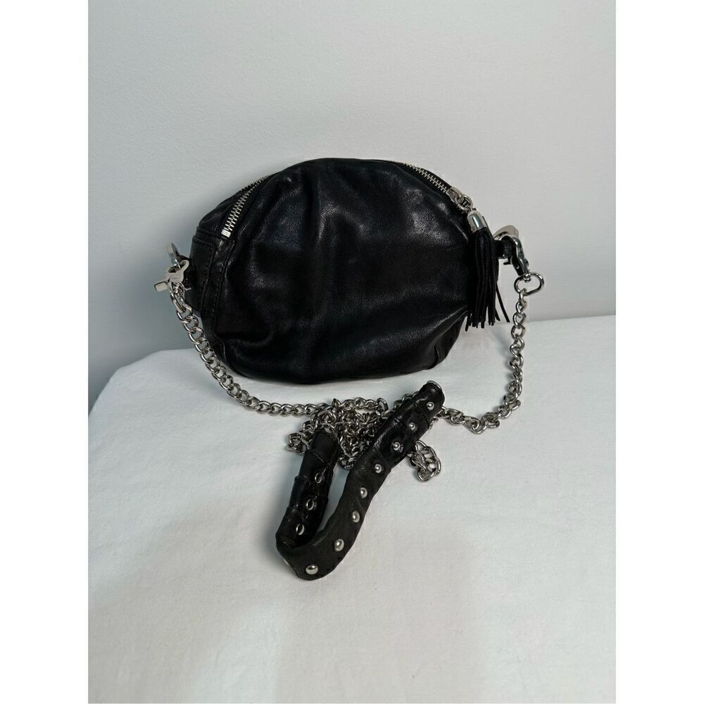 Pour la Victoire black leather round crossbody silver studded chain strap M-1162 - Picture 13 of 13